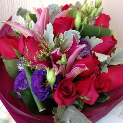One Dozen Roses with Two Red Tiger Lily