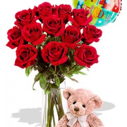 12 Rose Package with Medium Teddy Bear and balloon