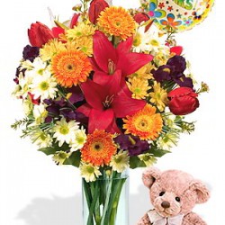Mixed bouquet package , Medium teddy Bear and Helium Balloon